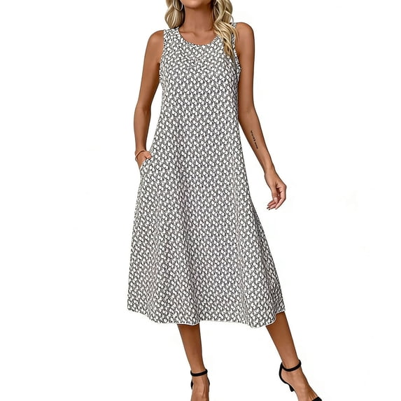 WRKEKC Printed Dresses for Women Botanical Print Crew Neck Sleeveless Straight Column Midi Flowy Silhouette Chic