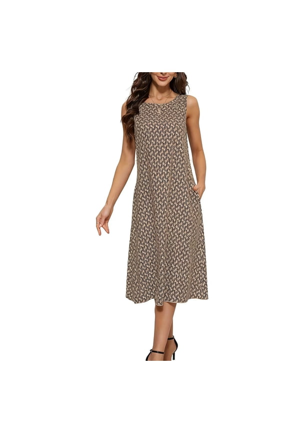 Printed Dresses for Women Botanical Print Crew Neck Sleeveless Straight Column Midi Flowy Silhouette Chic