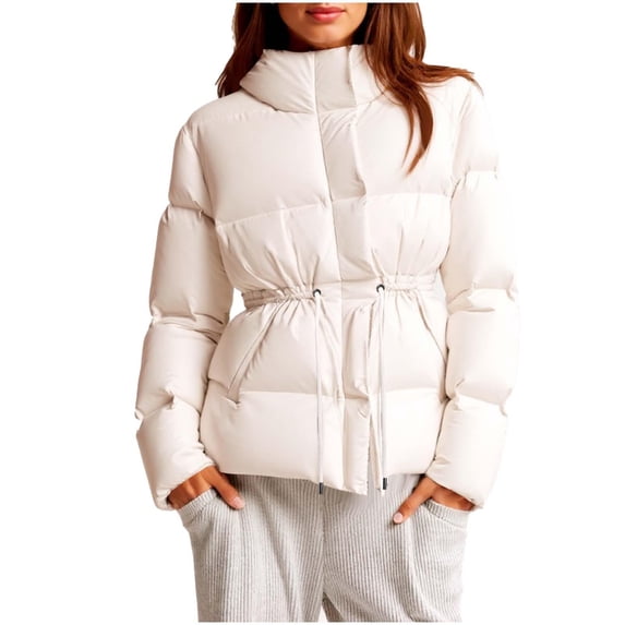 WRKEKC Puffer Jacket for Women Quilted Zip Up Hooded Long Sleeve Drawstring Waist Loose Fit Warm Coat Outerwear with Pockets