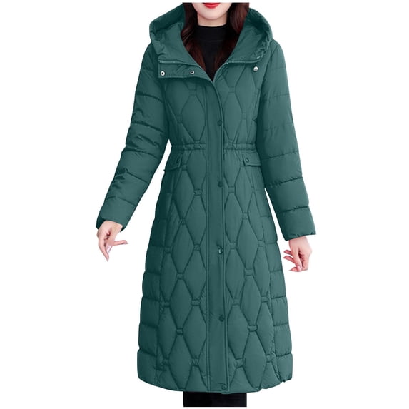WRKEKC Puffer Jacket for Women Solid Color Hooded Long Sleeve Zip Up Quilted Thick Mid Length Coat with Pockets