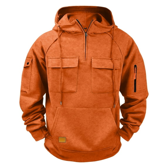 WRKEKC Quarter Zip Pullover Men Solid Color Hooded Multi Pocket Long Sleeve Pullover Sweatshirt for Men Fall Winter