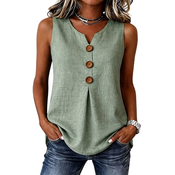 WRKEKC Racerback Tank Tops for Women Linen V-Neck Button Front Sleeveless Top with Pleated Detail and Loose Fit