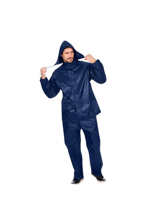 Rain Suit Set with Reflective Breathable Waterproof Polyester Fabric for Construction Site Cycling Long Sleeve Hooded Top and Pants