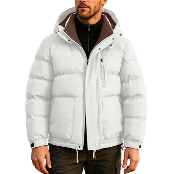 WRKEKC Removable Hood Puffer Coat for Men Thick Warm Zip-Up Winter Outerwear with Multi-Side Pockets for Cold Weather