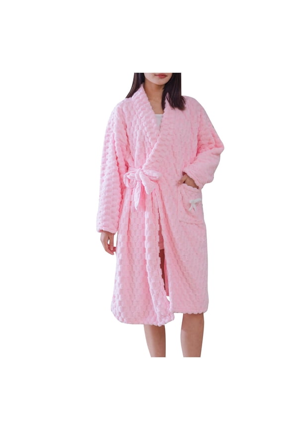 Robes for Women Solid Color Coral Fleece Cloud Plaid Jacquard Winter Loose Warm Thickened Long Bathrobe Womens Sleepwear Robe