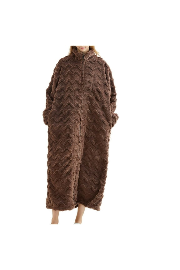Robes for Women Solid Color Plush Stand Collar Thickened Flannel Pocketed Long Zip Robe Womens Fall Winter Bathrobe Loungewear