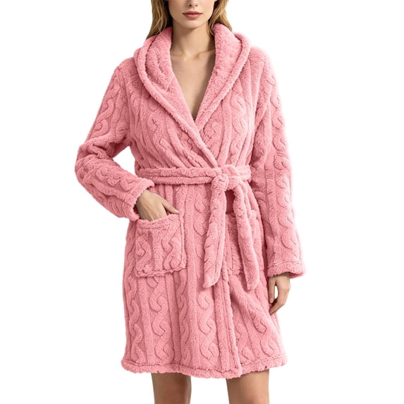 WRKEKC Robes for Women Solid Coral Fleece Ribbed Open Front Bathrobe Loungewear Sleepwear Set Soft Cotton Pajama Robe