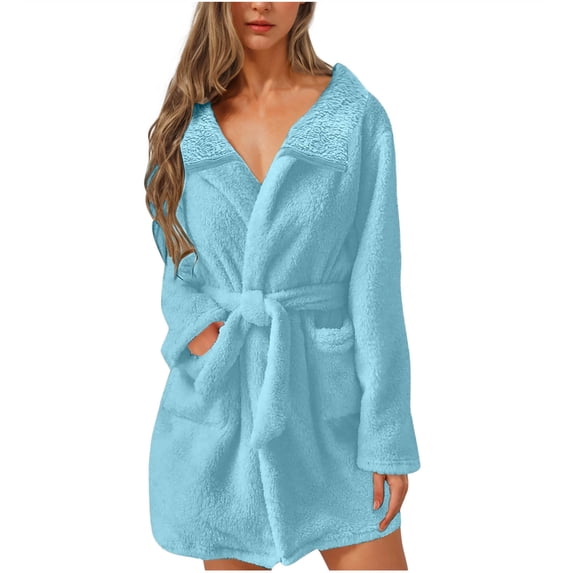 WRKEKC Robes for Women Solid Reversible Fleece Lapel Collar Long Sleeve with Pockets Tie Waist Loungewear Sleepwear Robe