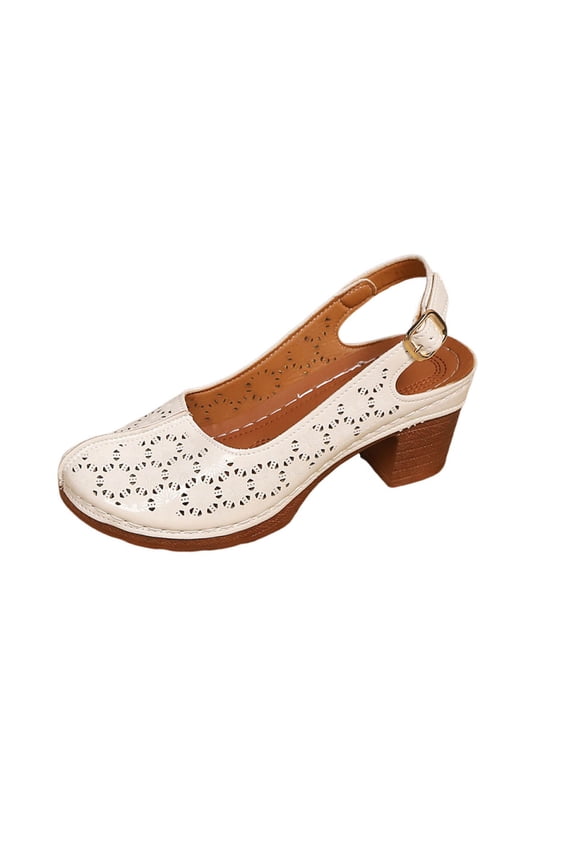 Sandals for Women Mules Peep Toe One-Strap Buckle Thick Sole Perforated Cutout Backless Chunky Heel for Summer Casual Daily Wear