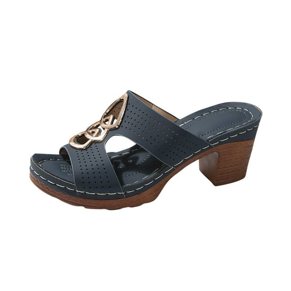 WRKEKC Sandals for Women Solid Color Peep Toe Elevated Heel Thick Sole Slides Casual Beach Summer Outdoor Footwear