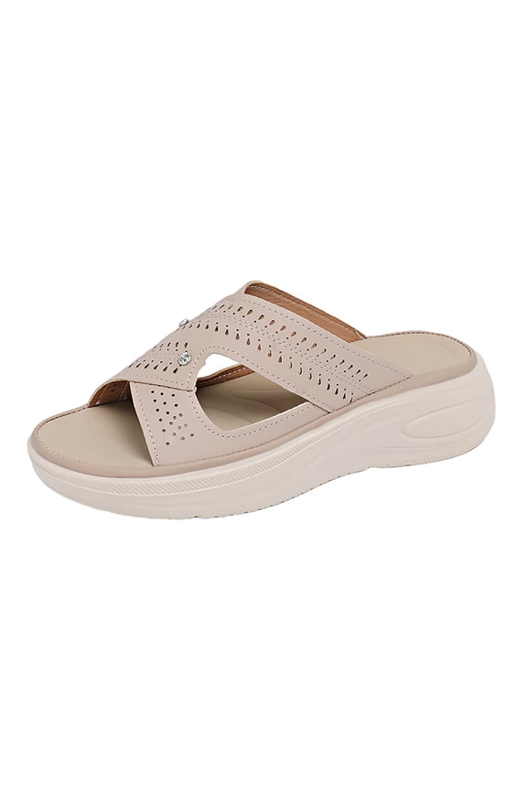 Sandals for Women Solid Color Round Toe Cross Strap Cut Out Wedge Heel Thick Sole Roman Style Slides Spring Summer