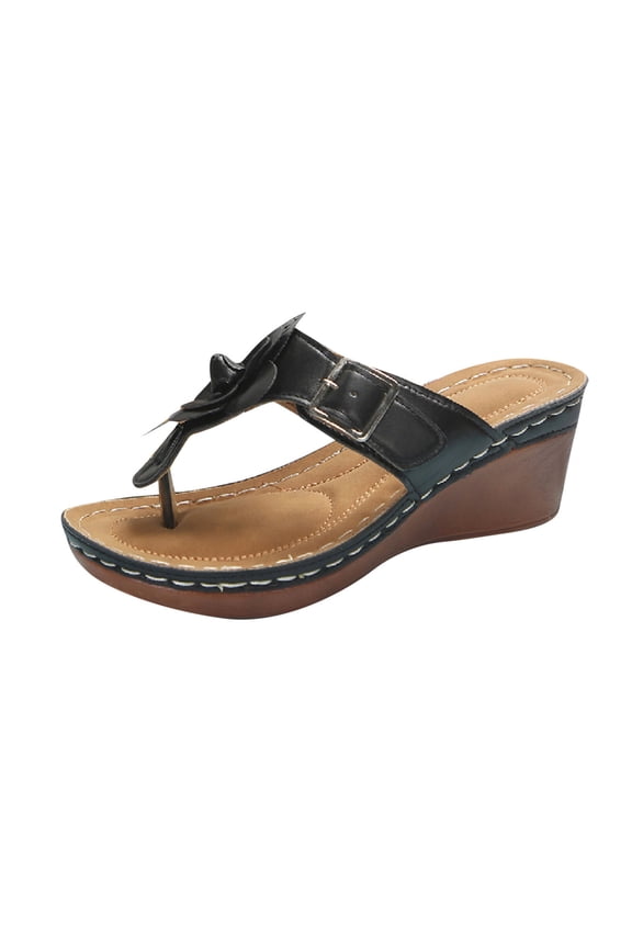 Sandals for Women Toe Post Flower Decor Elevated Wedge Slides Casual Spring Thick Sole Comfortable Footwear