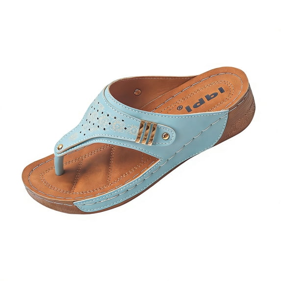 WRKEKC Sandals for Women Toe Post Metal Strip Perforated Upper Thick Sole Comfortable Wide Width for Daily Casual Wear