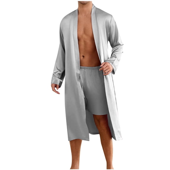 WRKEKC Satin Pajama Set for Men Solid Color Silk Like Tie Waist Robe Short Pants Sleepwear Set for Men Home Loungewear Outfit