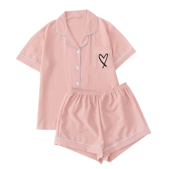 WRKEKC Satin Pajama Set for Women Casual Heart Print Collared Pocket Short Top Pant Loungewear Sleepwear Set for Women Home Outfit