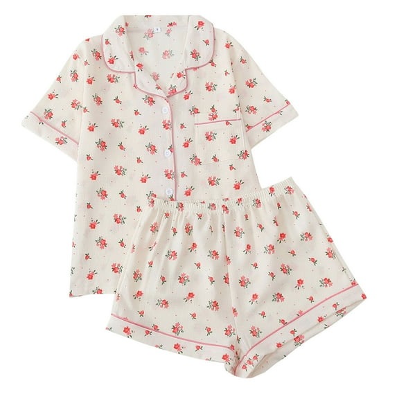 WRKEKC Satin Pajama Set for Women Casual Heart Print Collared Pocket Short Top Pant Loungewear Sleepwear Set for Women Home Outfit