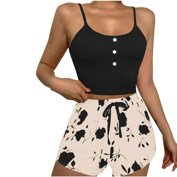 WRKEKC Satin Pajama Set for Women Fashion Printed Cami Top Short Pant Set Casual Loungewear Sleepwear Set for Women Home Outfit