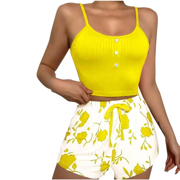 WRKEKC Satin Pajama Set for Women Fashion Printed Cami Top Short Pant Set Casual Loungewear Sleepwear Set for Women Home Outfit