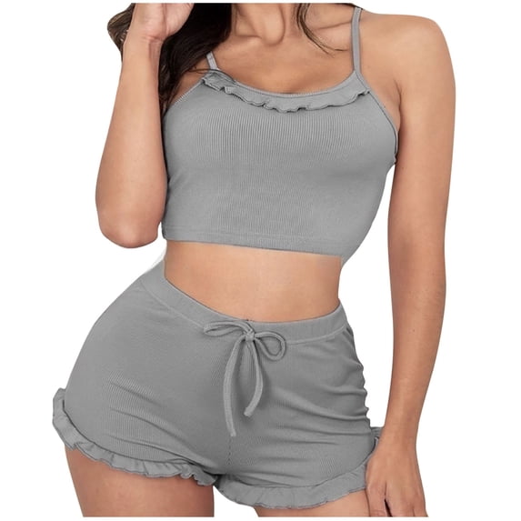 WRKEKC Satin Pajama Set for Women Solid Color Cami Top Short Pant Set Lace Trim Casual Loungewear Sleepwear Set for Women Home Outfit