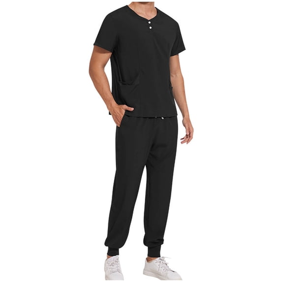 WRKEKC Scrubs for Men Solid Color Pocket Drawstring Waist Pants Quick Dry for Doctor Surgery Nursing Work Uniform Button Short Sleeve Top