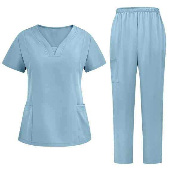 WRKEKC Scrubs for Women 2 Piece Set with Pockets Short Sleeve V-Neck Top and Pants for Medical Workwear Ideal for Fall Medical Uniform Outfits