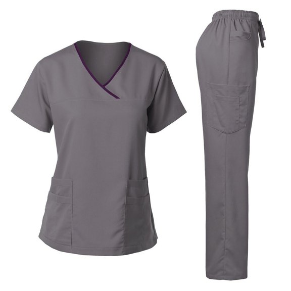 WRKEKC Scrubs for Women 2 Piece Sets for Women Short Sleeve V-Neck Top and Pants Set for Hospital Medical Staff Workwear Fall Outfits