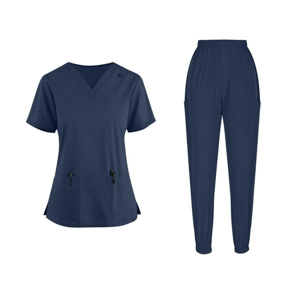WRKEKC Scrubs for Women 2 Piece Sets for Women Solid Color Short Sleeve Top with Pockets and Elastic Drawstring Waist Pants Set for Medical Workwear