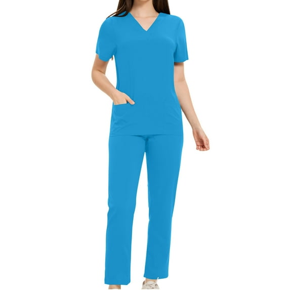WRKEKC Scrubs for Women 2 Piece Sets for Women Solid Color Short Sleeve V-Neck Top with Pockets and Pants Set for Medical Workwear Fall Outfits