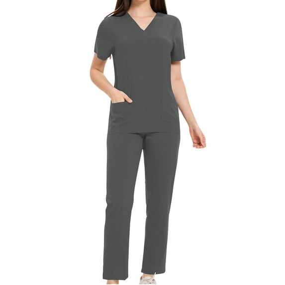 WRKEKC Scrubs for Women 2 Piece Sets for Women Solid Color Short Sleeve V-Neck Top with Pockets and Pants Set for Medical Workwear Fall Outfits