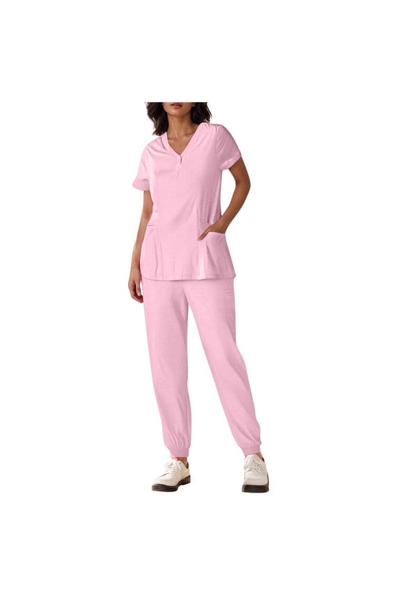 Scrubs for Women Button Front Quick Dry Solid Color Fashion Short Sleeve V-Neck Cuffed Pants Nursing Uniform Set
