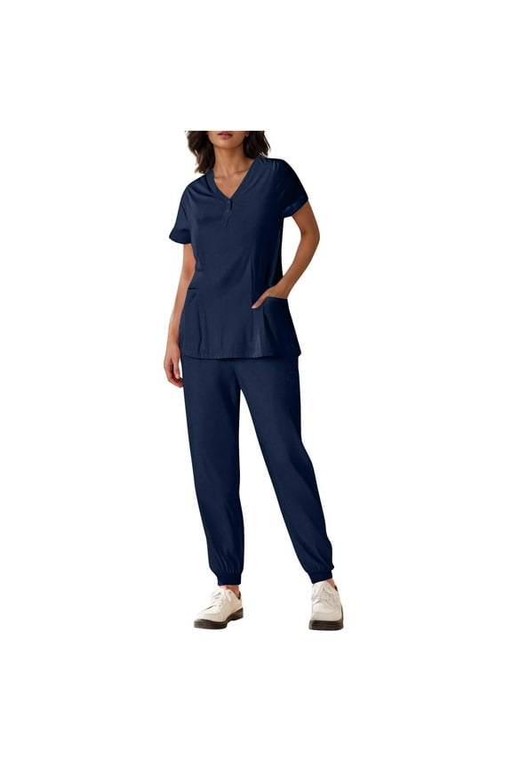 Scrubs for Women Button Front Quick Dry Solid Color Fashion Short Sleeve V-Neck Cuffed Pants Nursing Uniform Set