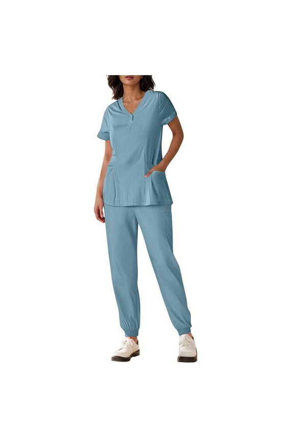 Scrubs for Women Button Front Quick Dry Solid Color Fashion Short Sleeve V-Neck Cuffed Pants Nursing Uniform Set