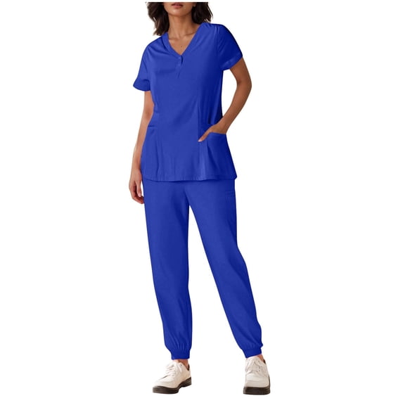 WRKEKC Scrubs for Women Button Front Quick Dry Solid Color Fashion Short Sleeve V-Neck Cuffed Pants Nursing Uniform Set