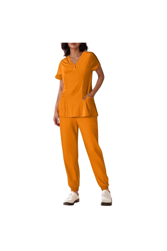 Scrubs for Women Button Front Quick Dry Solid Color Fashion Short Sleeve V-Neck Cuffed Pants Nursing Uniform Set
