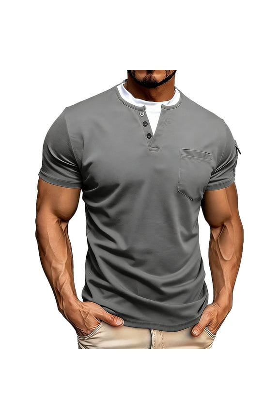 Short Sleeve Shirts for Men Fashion Solid Color Short Sleeve Fake Two Layer Round Neck Half Button Pullover Pocket Casual Top Shirt