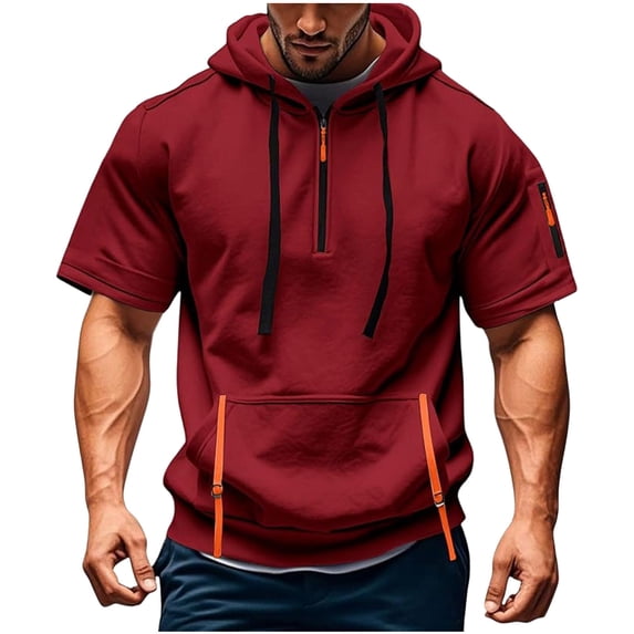WRKEKC Short Sleeve Shirts for Men Solid Color Casual Zipper Multiple Pocket Hooded Top Short Sleeve Hooded Style Comfortable Outdoor Wear