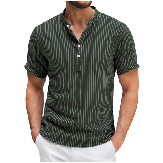 WRKEKC Short Sleeve Shirts for Men Summer Lapel Short Sleeve Half Open Button Linen Blend Casual Loose Fit Stripe Shirt Stand Collar Shirt