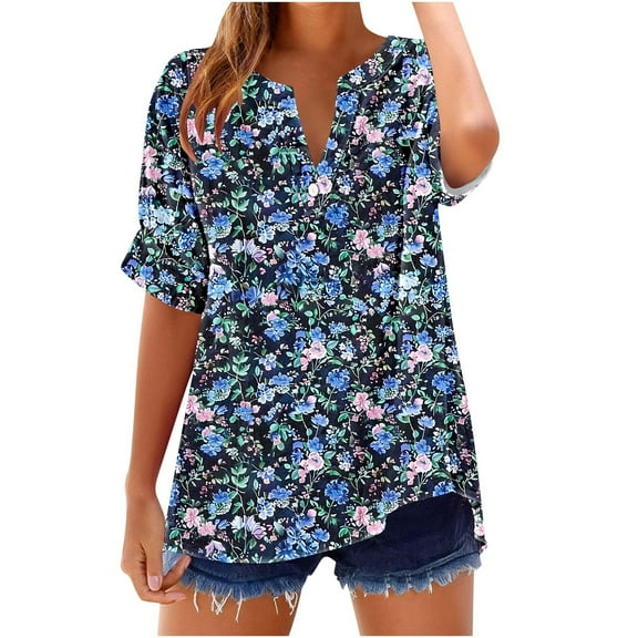 WRKEKC Short Sleeve Shirts for Women Print V-Neck Button Down Casual Top Comfortable Fit Stylish Casual Wear