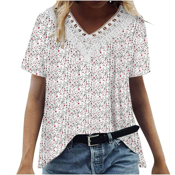 WRKEKC Short Sleeve Shirts for Women Print V-Neck Short Sleeve Lace Trim Pullover T-Shirt Feminine Detail Comfortable Fit