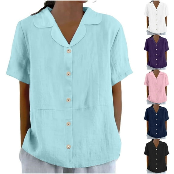 WRKEKC Short Sleeve Shirts for Women, Summer T-Shirts for Women, Women's Short Sleeve Lapel Collar V-Neck Solid Color Button-Down Casual Shirt Tops