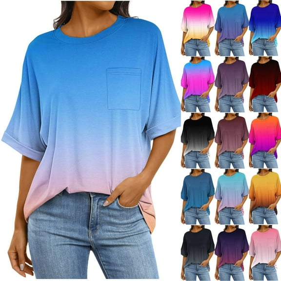 WRKEKC Short Sleeve Shirts for Women, Summer T-Shirts for Women, Women's Trendy Casual Short Sleeve Gradient Printed Pocket Ladies Round Neck Blouse
