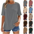 thumbnail image 1 of WRKEKC Short Sleeve Shirts for Women, Summer T-Shirts for Women, Women's Trendy Fallow Solid Color Round Neck Short Sleeve T-Shirt Top, 1 of 6