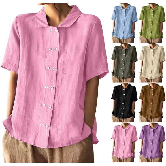 WRKEKC Short Sleeve Shirts for Women, Summer T-Shirts for Women, Women's Trendy Solid Color Button-Up Lapel Collar Short Sleeve Top