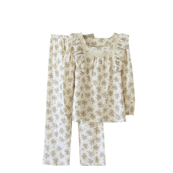 WRKEKC Silk Pajamas for Women Print Square Neck Ruffle Trim Long Sleeve 100% Cotton Home Loungewear Sleepwear Set for Fall