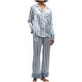 thumbnail image 1 of WRKEKC Silk Pajamas for Women Striped Print Collared Cardigan Satin Loungewear Long Top Pant Sleepwear Set for Women Home Outfit, 1 of 5