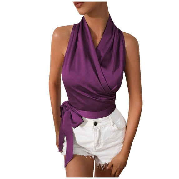 WRKEKC Sleeveless Tank Tops for Women Solid Color Halter Neck Tie Side Wrap V-Neck Summer Tank Casual Loose Fit Top