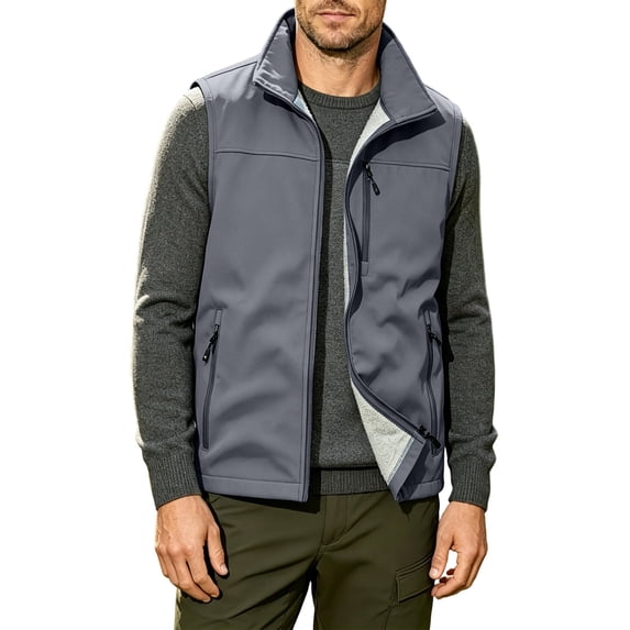 WRKEKC Softshell Vest for Men Stand Collar Zip-Up Multi Pocket Windproof Sleeveless Outerwear for Hiking and Daily Outfits
