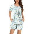 thumbnail image 1 of WRKEKC Solid Color Round Neck Pleated Button Short Sleeve Top and Shorts Pajama Set for Women Casual Home Loungewear Sleepwear Set, 1 of 6