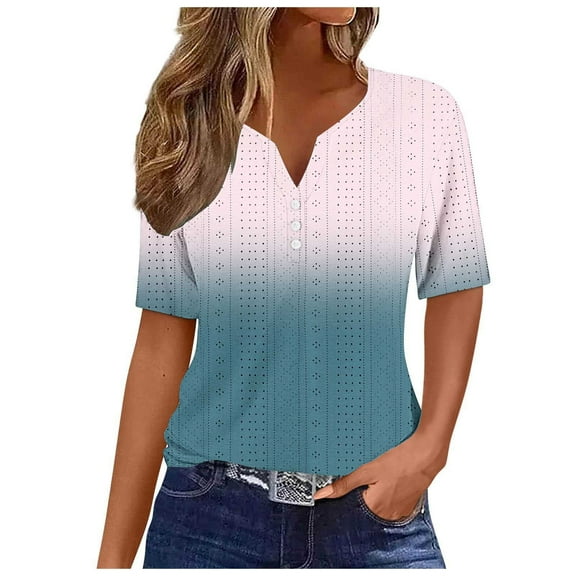 WRKEKC Summer Blouses for Women Gradient Color V-Neck Button Down Short Sleeve Top Lightweight Material Chic Look