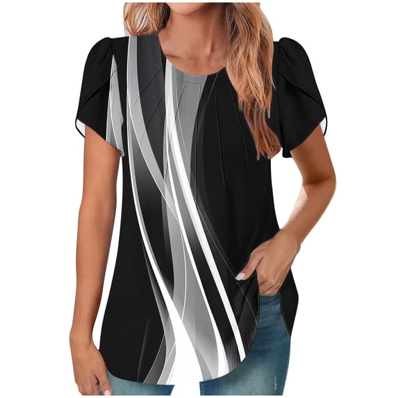 WRKEKC Summer Blouses for Women Short Sleeve Round Neck Front Pleated Print Top with Stylish Comfortable Fabric